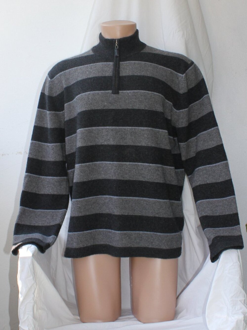 Paolo Mondo 100% cashmere stripes gray black blue 1/4 " zip sweater men size XL